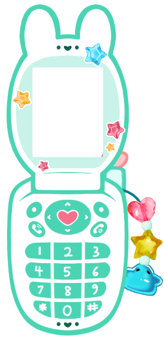a cartoon flip phone with a beaded charm and star stickers